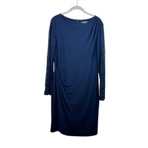 Lauren Ralph Lauren Faux-Wrap Navy Blue Lace Sleeve Midi Dress Sz. 14